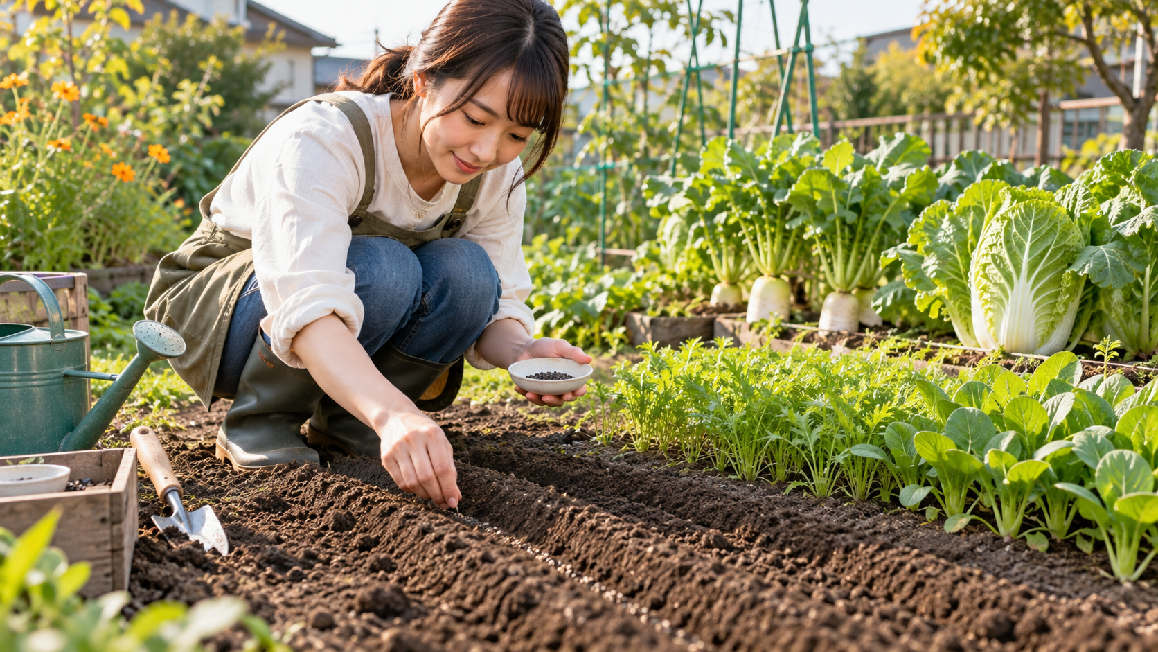 9月の家庭菜園で畝に野菜の種をまく日本人女性と、周囲で育つコマツナやミズナなどの葉物野菜