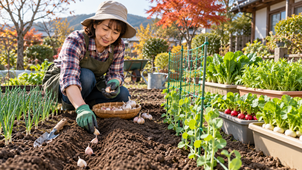 10月の家庭菜園でニンニクの種球を植え付ける日本人女性と、エンドウの苗やプランターで育つ秋野菜