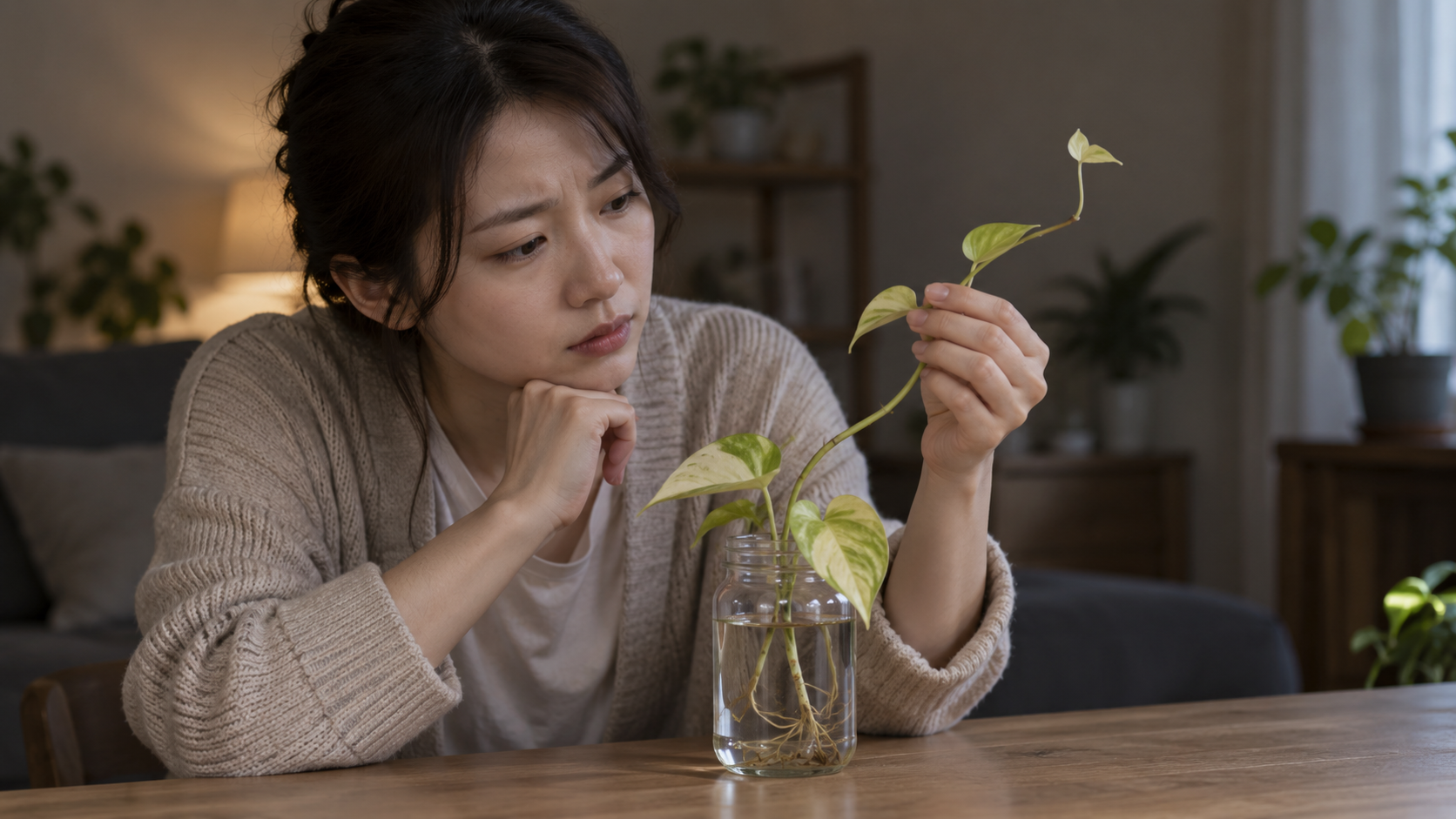 水栽培で葉が小さくつるが細く伸びたポトスを確認する女性