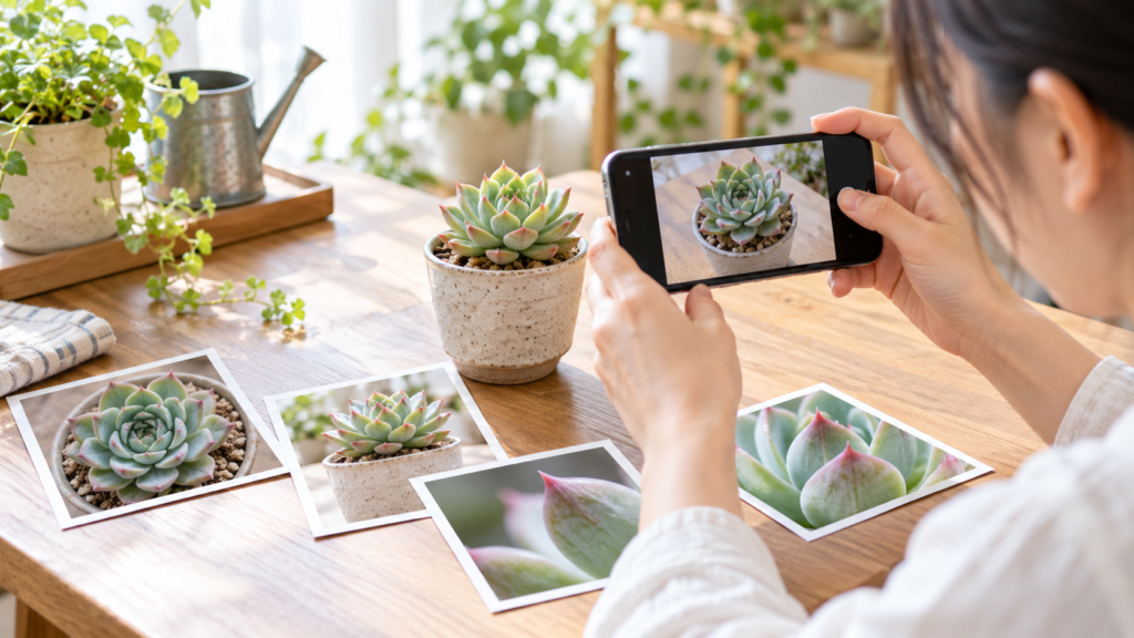 多肉植物の名前を調べるためスマートフォンで複数方向から撮影する様子