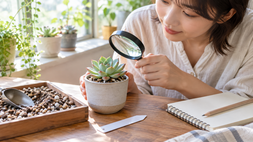 ルーペで多肉植物の葉や葉先の特徴を観察する日本人女性
