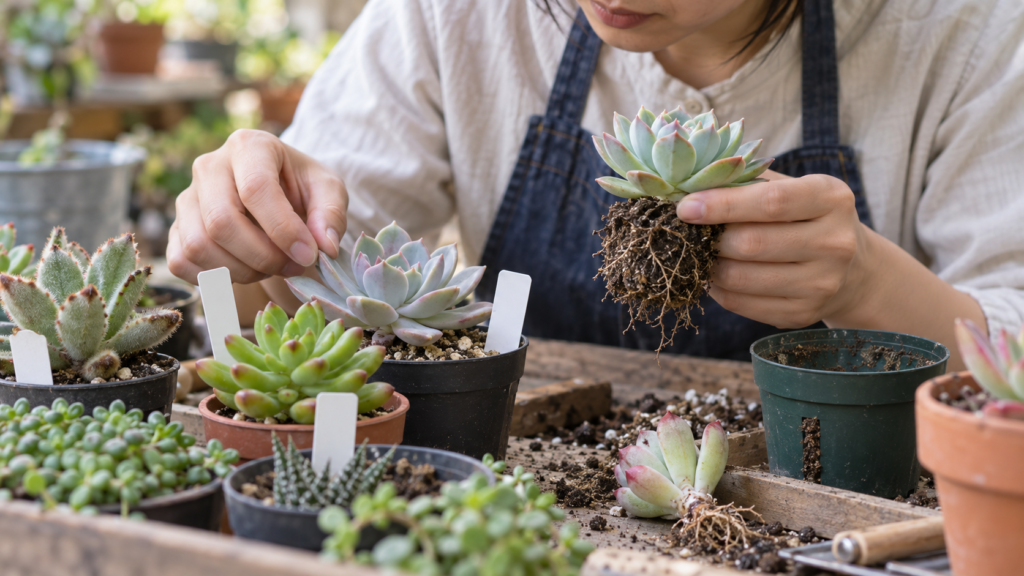 多肉植物の新しい根や株の状態を確認して夏型・冬型を見分ける様子