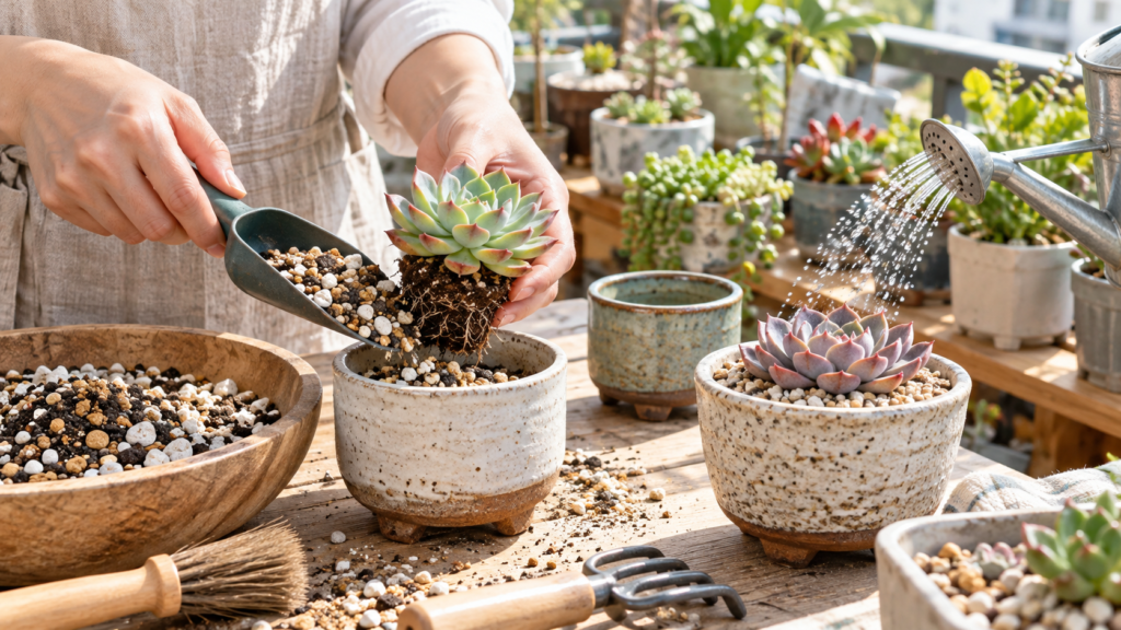 多肉植物を水はけのよい用土で植え替え季節に合わせて水やりする様子
