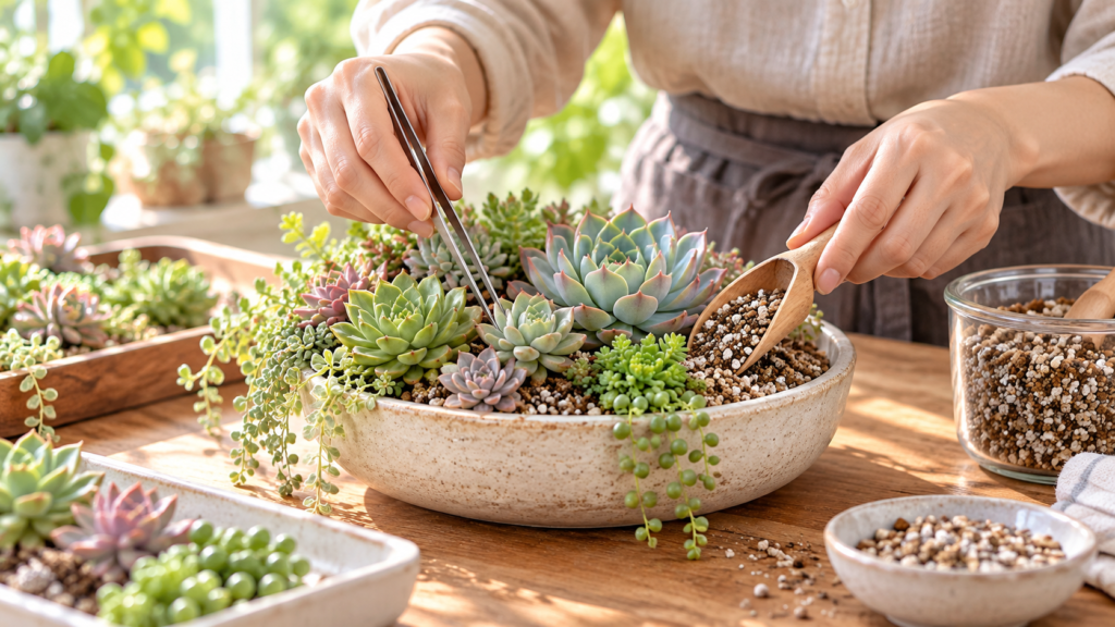 ピンセットと用土を使って多肉植物を寄せ植えする作業