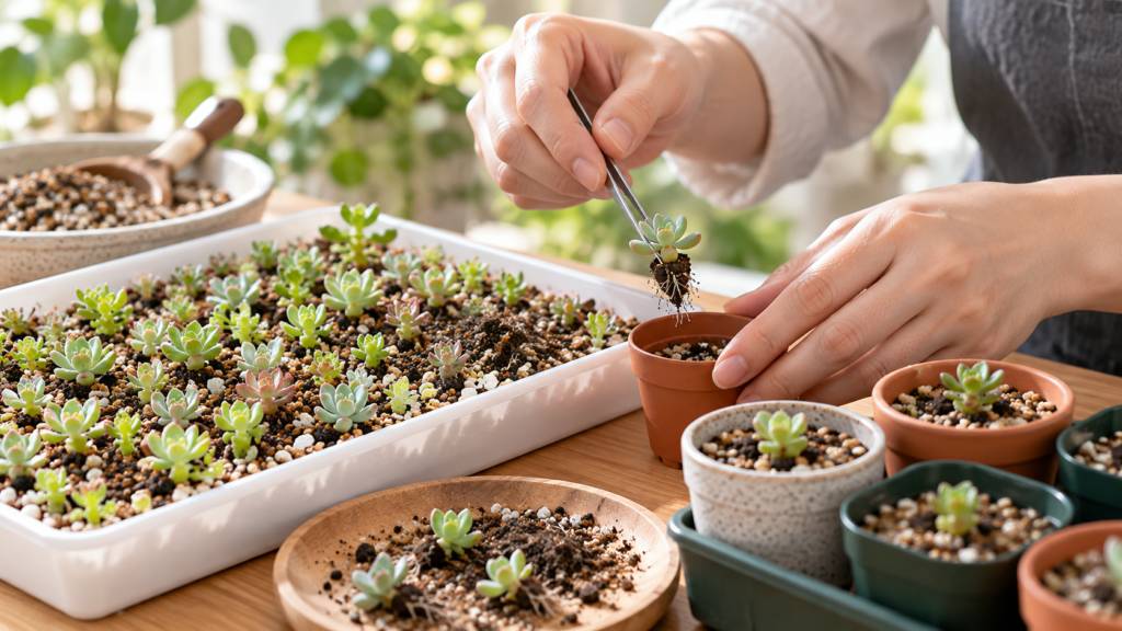 育った多肉植物の実生苗をピンセットで小鉢へ植え替える様子