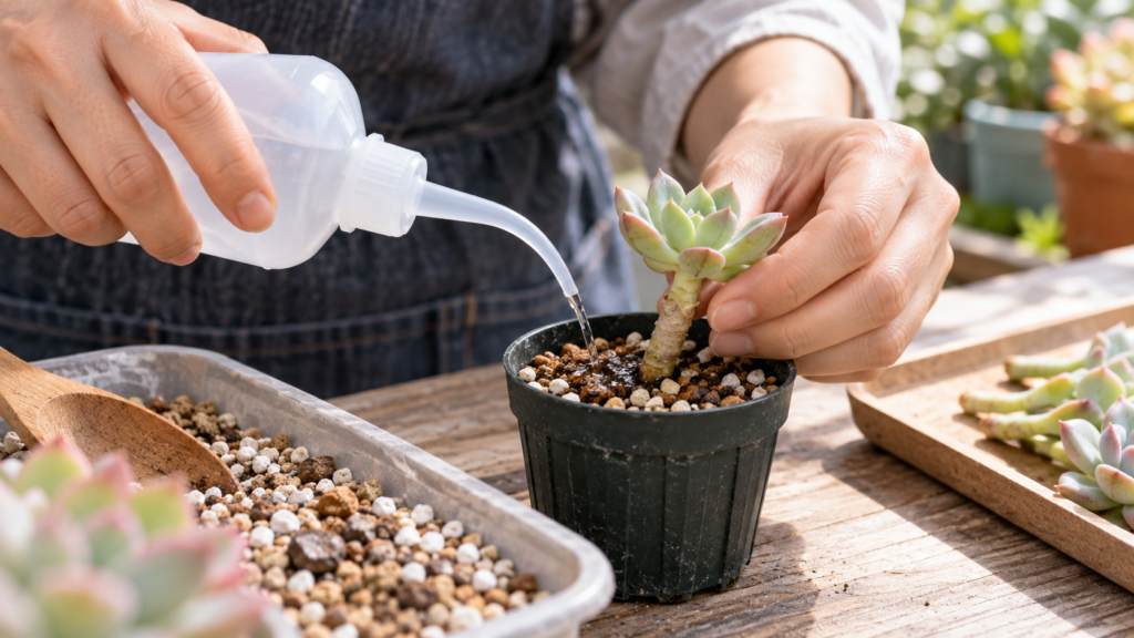 多肉植物の挿し木に少量の水を与えて発根管理する様子