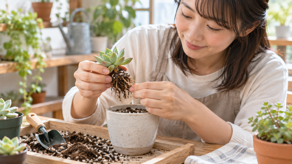 発根した多肉植物の根を確認して植え替える日本人女性