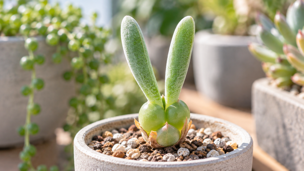 うさぎの耳のような2本の葉を伸ばすモニラリアの鉢植え