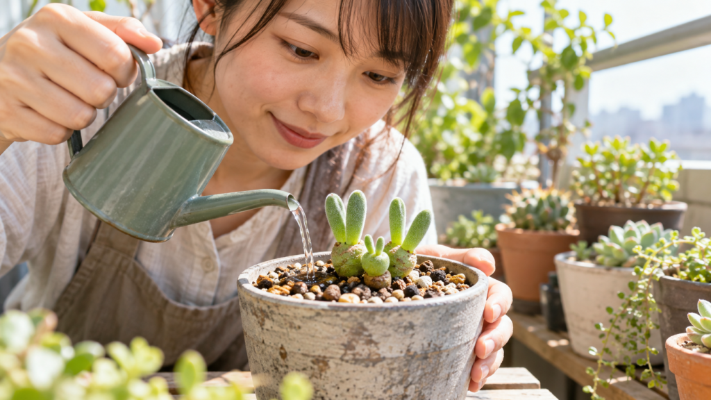 生育期のモニラリアに用土の乾きを見ながら水やりする様子
