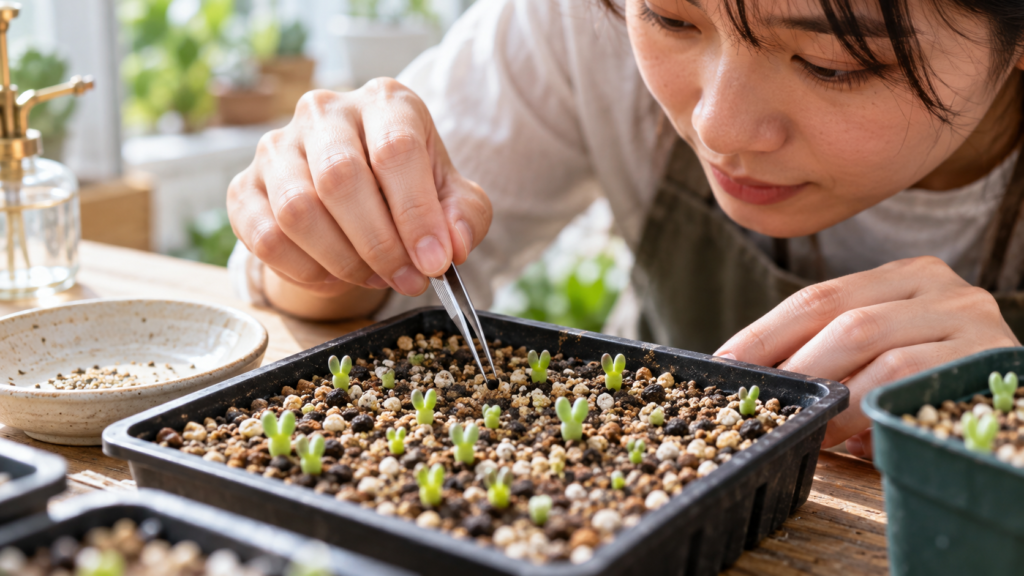 育苗トレーで発芽したモニラリアの実生苗を管理する様子