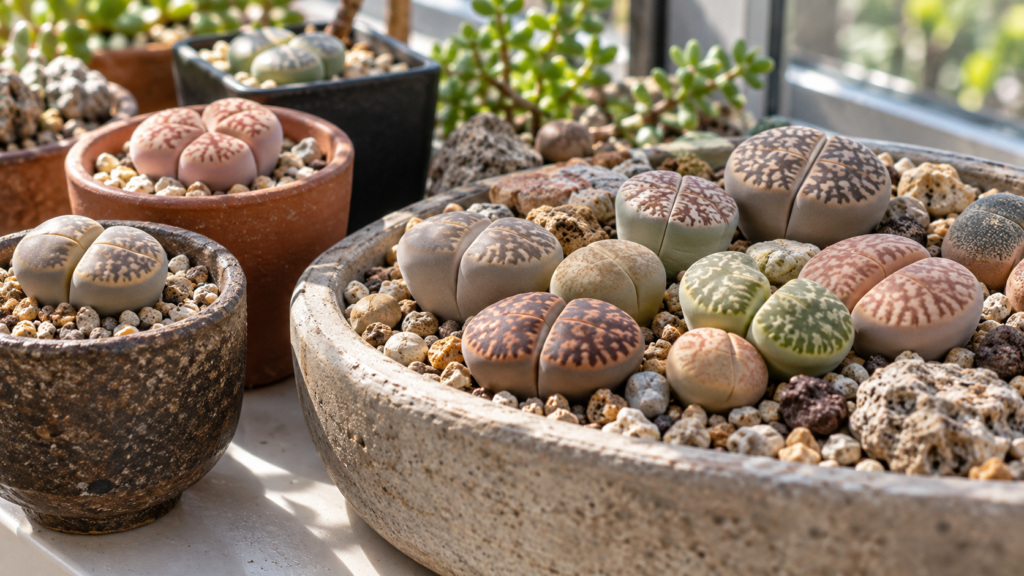 色や模様が異なる多肉植物リトープスの鉢植えと寄せ植え