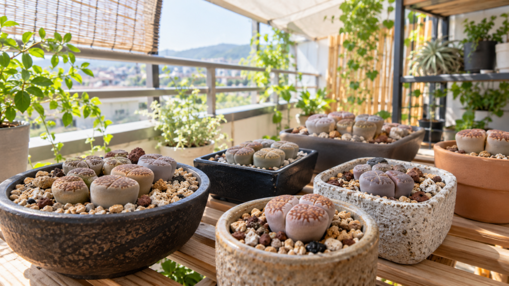 夏越しのため明るい日陰のベランダに並べたリトープスの鉢植え