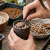 ピンセットでリトープスを鉢に植え付ける作業と水はけのよい粒状用土
