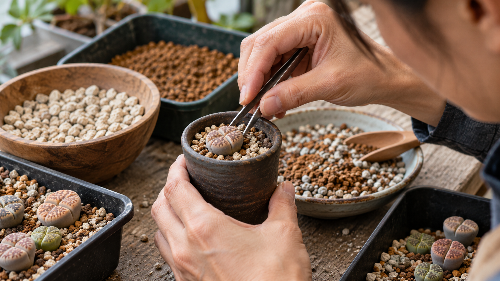 ピンセットでリトープスを鉢に植え付ける作業と水はけのよい粒状用土
