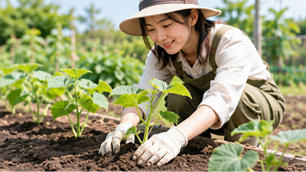 家庭菜園の畝にきゅうりの苗を植え付け、女性が手で株元の土を押さえている様子